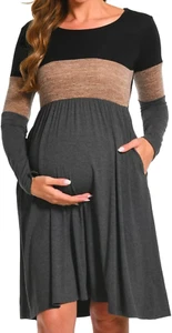 Women’S Long Sleeve Maternity Dresses Patchwork Pregnancy Dress with Pocket - Picture 1 of 12