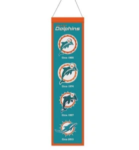 MIAMI DOLPHINS EVOLUTIONS BANNER EMBROIDERED WOOL 8"X32" W/ HANGING ROPE - Picture 1 of 1