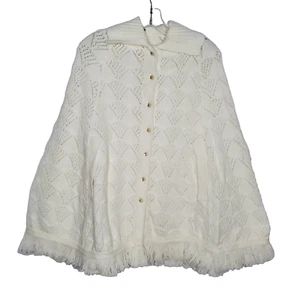 Vintage 60s 70s Knit Sweater Poncho Cape S/M White Collared Fringe Wintuck - Picture 1 of 4