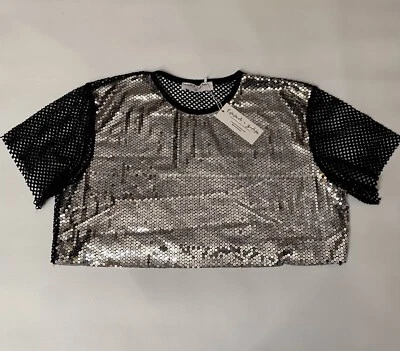 Top corto de malla EMMA & SAM para mujer lentejuelas plateadas talla M mediano nuevo con etiquetas venta al por menor $108 Foto 1 de 4
