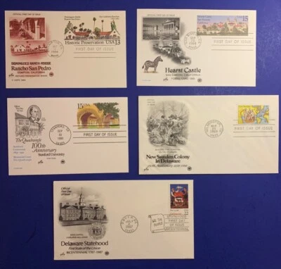 (5) FDC STATES CALIFORNIA DELAWARE Hearst Castle Ranchos 84-90 Stamps Artcraft - Image 1 of 4