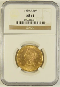 1886-S $10.00 Liberty Gold NGC MS-61 #88-011 - Picture 1 of 2