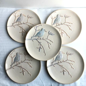 Pottery Barn Embossed Bird Branch Luncheon/Salad Plate 9" Cream Blue Lot of 5 - Picture 1 of 3