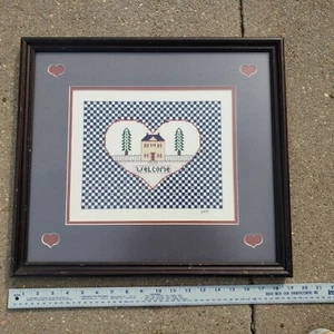 Framed Needlepoint Complete Wall Hanging Welcome Home Blue Maroon Heart 18x18" - Picture 1 of 7