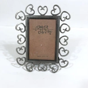 Pewter Picture Frame Hearts 3.5" x 5" Open Work Vintage Retro Back Stand - Picture 1 of 6