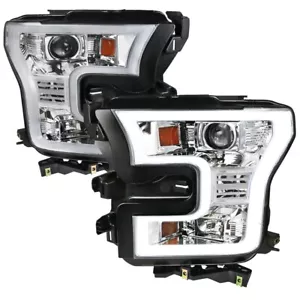 For 15-17 Ford F-150 Chrome Halogen Projector Headlights w/ LED DRL Outline - Picture 1 of 5