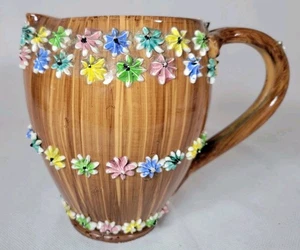 Italian Art Pottery Pitcher Iced Gem Flowers Midcentury Vintage Folk Art Rare - Picture 1 of 13