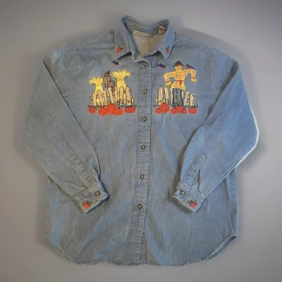Karen Scott Denim Shirt M Scarecrow Fall Pumpkin Embroidered Button Up Cotton - Image 1 of 4