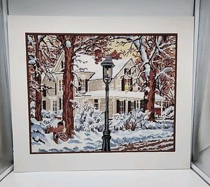 Vintage punta de aguja invierno árboles de nieve casa antigua buzón farola mate - Imagen 1 de 7