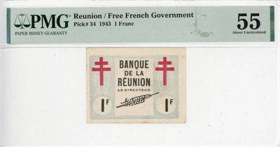 Reunion 5 Francs Currency Banknote 1943 PMG 55 AU - Image 1 of 4