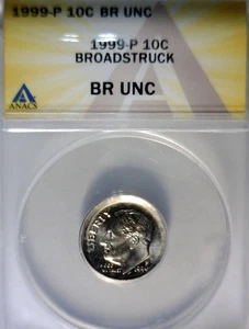 1999 ANACS ERROR HUGE Broad Struck Roosevelt Dime GEM BU Coin Bd Strike .05 SIZE - Picture 1 of 4