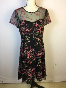 Adrianna Papell A-line Dress Size 12 Womans Black Pink Floral Embroidered Sheer - Picture 1 of 19