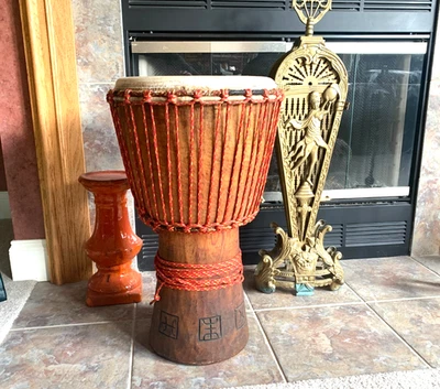 Vintage African Tribal Ceremonial Animal Hide Skin 24" carved Hand Drum 12" wide - Image 1 of 4