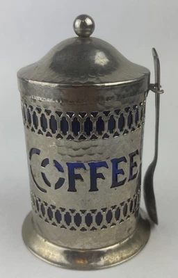 Vintage Silver Plate Coffee Canister With Cobalt Blue Insert & Spoon 5.5" - Image 1 of 4