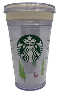 Starbucks 2011 HOLIDAY Cold Cup Tumbler 16 oz snow flakes green trees red bird - Picture 1 of 6