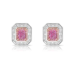 Pink Elongated Radiant & white Baguette Lab Grown Diamond 14k Gold Stud Earrings - Picture 1 of 7
