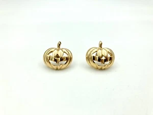 Vintage Jack O Lantern Pumpkin Earrings - Gold Tone Metal - Fall Halloween - Picture 1 of 4