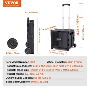 VEVOR Foldable Utility Shopping Cart Folding Portable Crate Handcart with Telesc - Picture 1 of 14