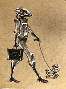 Lot 4 Paintings Humorous Vintage Gouache Paintings  Futuristic Fashion - Picture 1 of 4