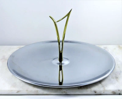 Vintage Round Chrome Serving Tray Mid Century Modern 13" Gold Tone Handle Stem - Image 1 of 4