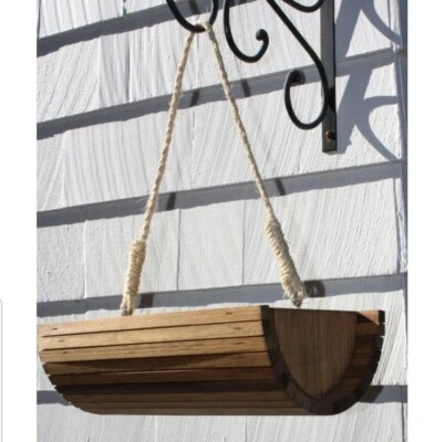 Half Moon wooden wood stained planter hanging bucket barrel rope chain new - Image 1 of 4