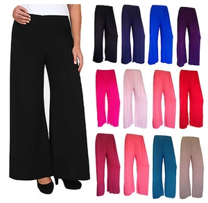 LADIES PLAIN PALAZZO BAGGY PANTS WOMEN WIDE LEG FLARED TROUSERS UK SIZES 8-26 - Picture 1 of 17