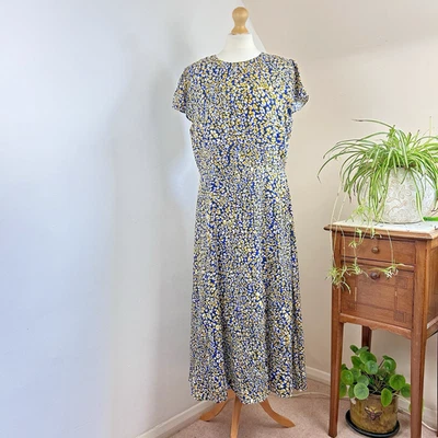 Reiss Livia Dress UK 16 Blue Yellow Printed Cut-Out Back Midi Fit Flare Wedding - Image 1 of 4