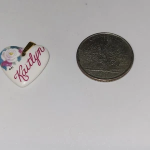 Kaitlyn Heart Shaped Kiln Fired Porcelain Metal Bail Pendant ~ Flower graphic  - Picture 1 of 3