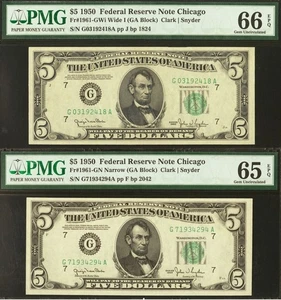 1950 $5 Federal Reserve Note PMG 66EPQ - Chicago Wide I & Narrow Fr 1961-GN - Picture 1 of 5