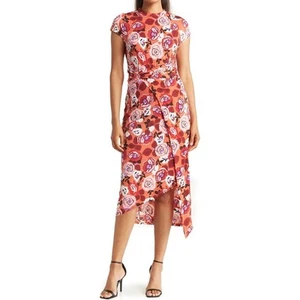 Donna Morgan Multi Floral Short Sleeve Asymmetric High Neck Midi Dress 10 NWOT - Picture 1 of 15