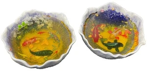 Set Of 2 Handmade Japanese Koi Fish Pond Resin Art in a Ceramic Bowls - Picture 1 of 24