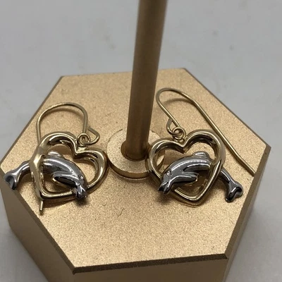 Brincos de ouro rosa 14k pendurados em golfinho 1,12 pol. vintage feitos à mão 0,6 gr N2817 - Imagem 1 de 4