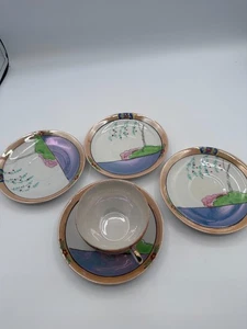 Vintage Hand Painted TT Japan Moriage Lustreware Cup & 4 Saucers Pagoda Scene - Picture 1 of 10