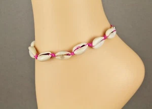 Cowrie shell anklet adjustable 5.5"-11" anklet ankle bracelet Pink cord slide - Picture 1 of 9