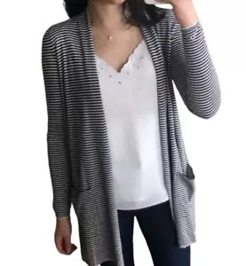 LOFT Cardigan Size L Black White Striped Open Front Pockets Longline Linen Blend - Picture 1 of 10