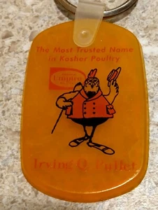 Portachiavi vintage IRVING Q PULLET EMPIRE KOSHER POLLAME mascotte pollo NY - Foto 1 di 2