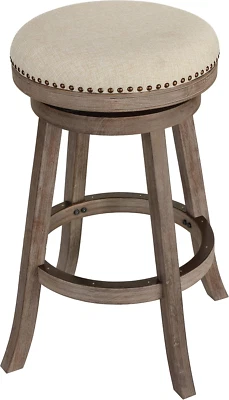 Piper Backless Swivel Bar Stool in Solid Wood and Beige Fabric, 30" H - Image 1 of 4