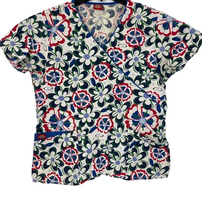 Dickies Scrub Top Womans Size S White With Multi Color Flowers Has Pockets - Изображение 1 из 4