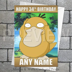 Pokemon Psyduck birthday card. 5x7 inches. Anime. Personalised, plus envelope. - Picture 1 of 6