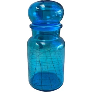 Tarro de vidrio boticario azul botella tapa tapa tapa burbuja Bélgica vintage MCM 9" alto - Imagen 1 de 5