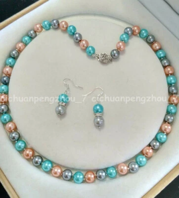 Juego de aretes collar perlas concha del Mar del Sur gris rosa azul de 8 mm 18/25/36/50"" Foto 1 de 3