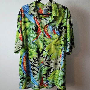 Ocean Current Hawaiian Shirt Men's XL Green Red Blue Parrots Macaws 100% Rayon - Picture 1 of 4