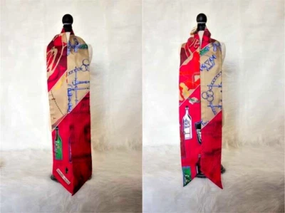 Pair of NEW Hermes Twilly ‘Caleche Mors et Bouteilles’ Framboise/Beige/Bordeaux - Image 1 of 4