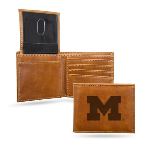 Michigan Wolverines Laser Engraved Leather Bifold Wallet [NEW] Billfold ID Card Cover