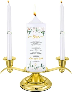 3 Unity Floral Candles for Wedding Ceremony Set with Golden Holder White Pillar - Picture 1 of 6