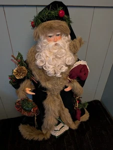 Large Vintage Santa Father Christmas Statue Hobby Horse Green Velvet 25 Tree Top - Picture 1 of 9