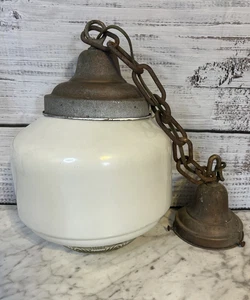 Vintage Art Deco Hängeleuchte Pendelleuchte Milch & Klarglas Schulhaus Schirm - Bild 1 von 24