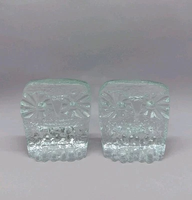 2 Vintage Blenko Clear Glass Crystal Owl Paperweights Bookends Don Shepherd - Image 1 of 4