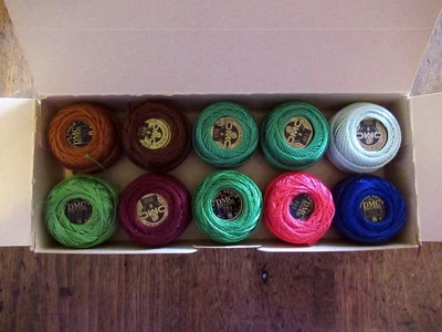 LOT of 10 balls DMC Pearl Cotton size 8, 9 assorted colors in vintage box - Image 1 of 4