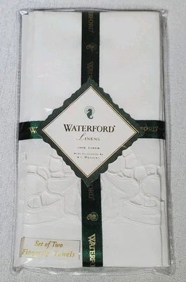 Set of 2 Waterford Linens Castlemain White Linen Fingertip Towels 14" x 20"  New - Image 1 of 4